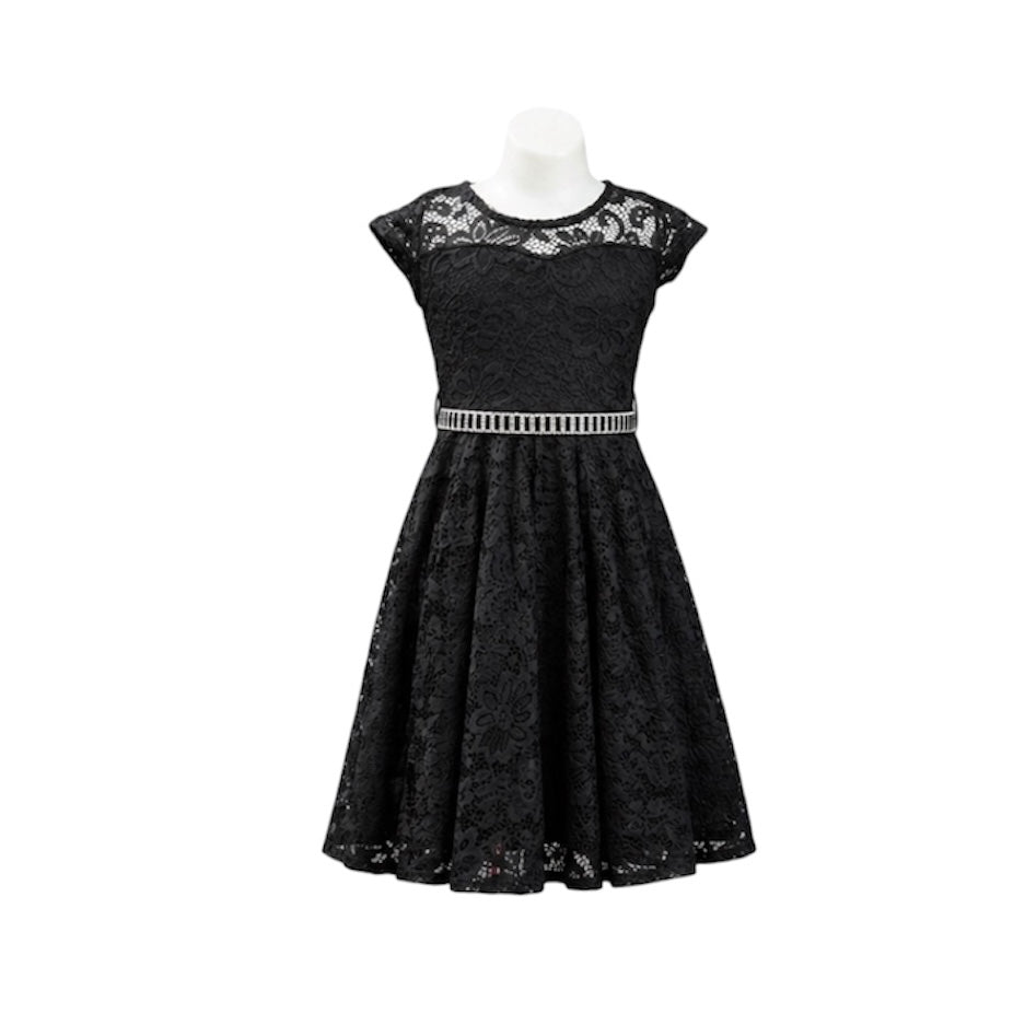 Black Lace Short Sleeve Knee-Length Dress with Rhinestone Belt