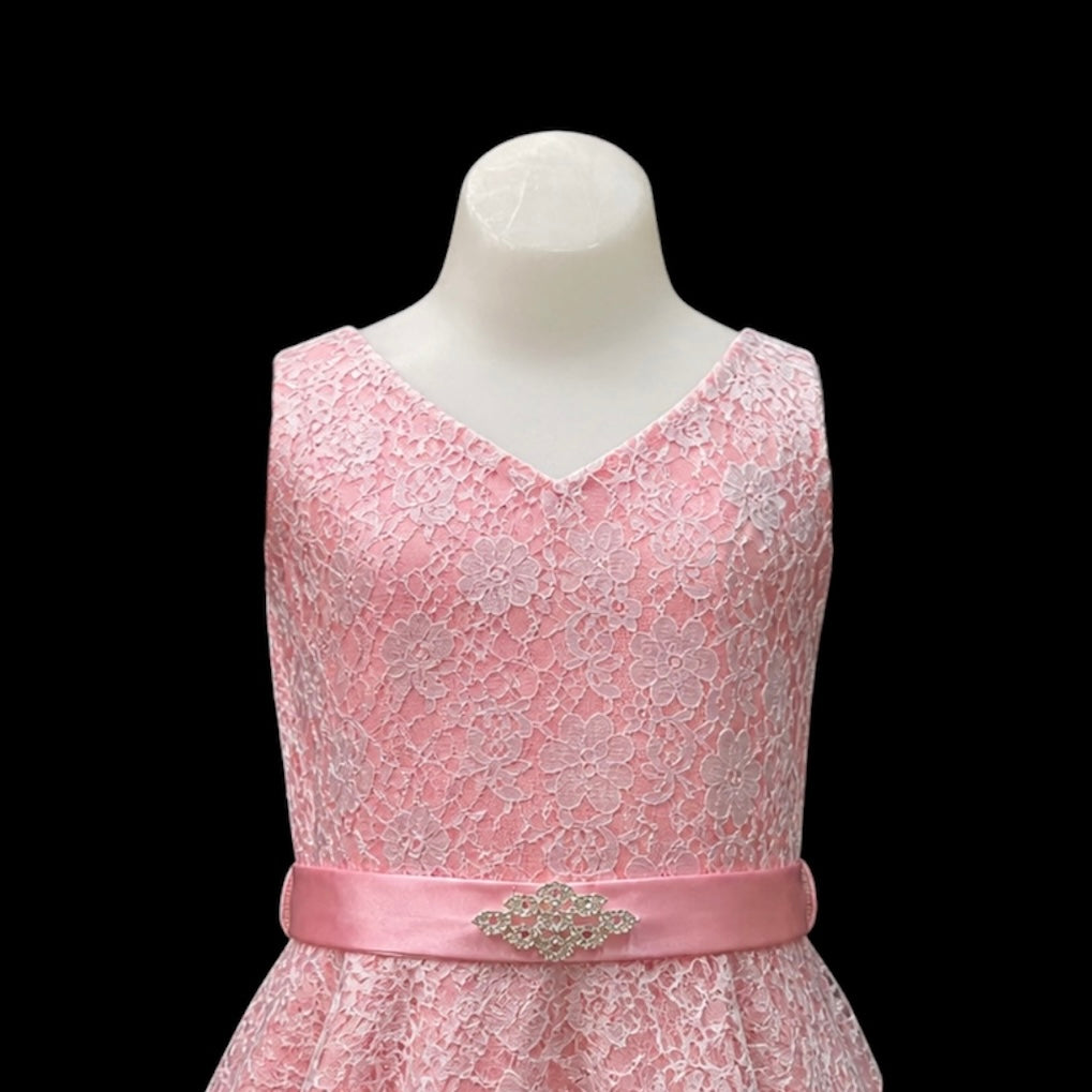 Pink & Grey Lace Ankle-Length Dress with V-Neckline & Rhinestone Waist Detail (Size 16)