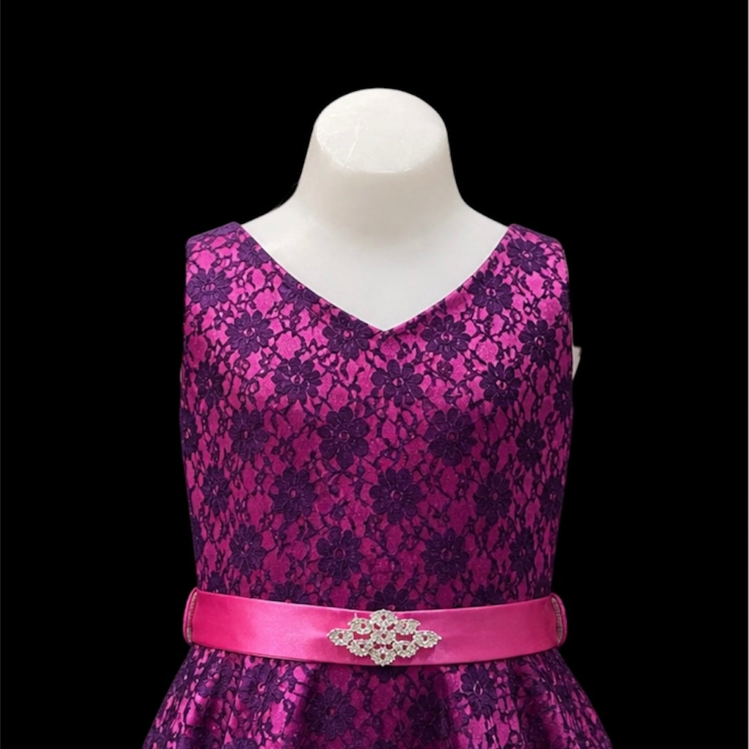 Fuchsia & Navy Lace Ankle-Length Dress with V-Neckline & Rhinestone Waist Detail (Size 16) (Copy)