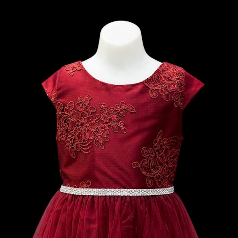 Cap Sleeve Burgundy Floral Embroidered Tulle Dress w/ Rhinestone Belt