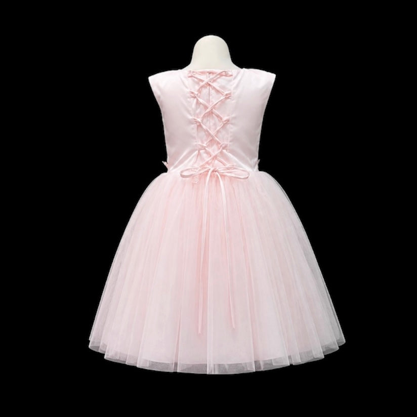 Blush Pink Tea-Length Cap Sleeve Dress with Pearl Neckline & Lace-Up Back