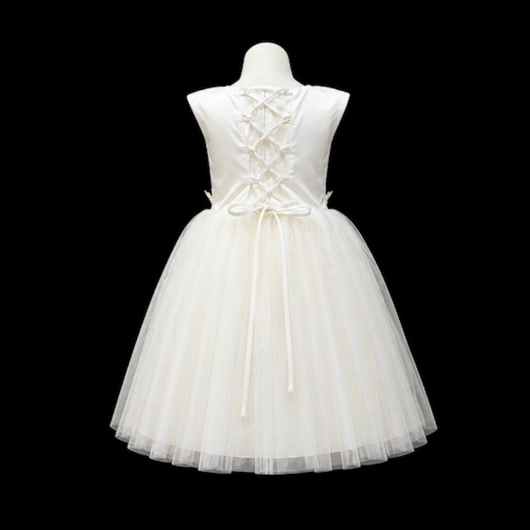 Tea-Length Cap Sleeve Dress with Pearl Neckline & Lace-Up Back