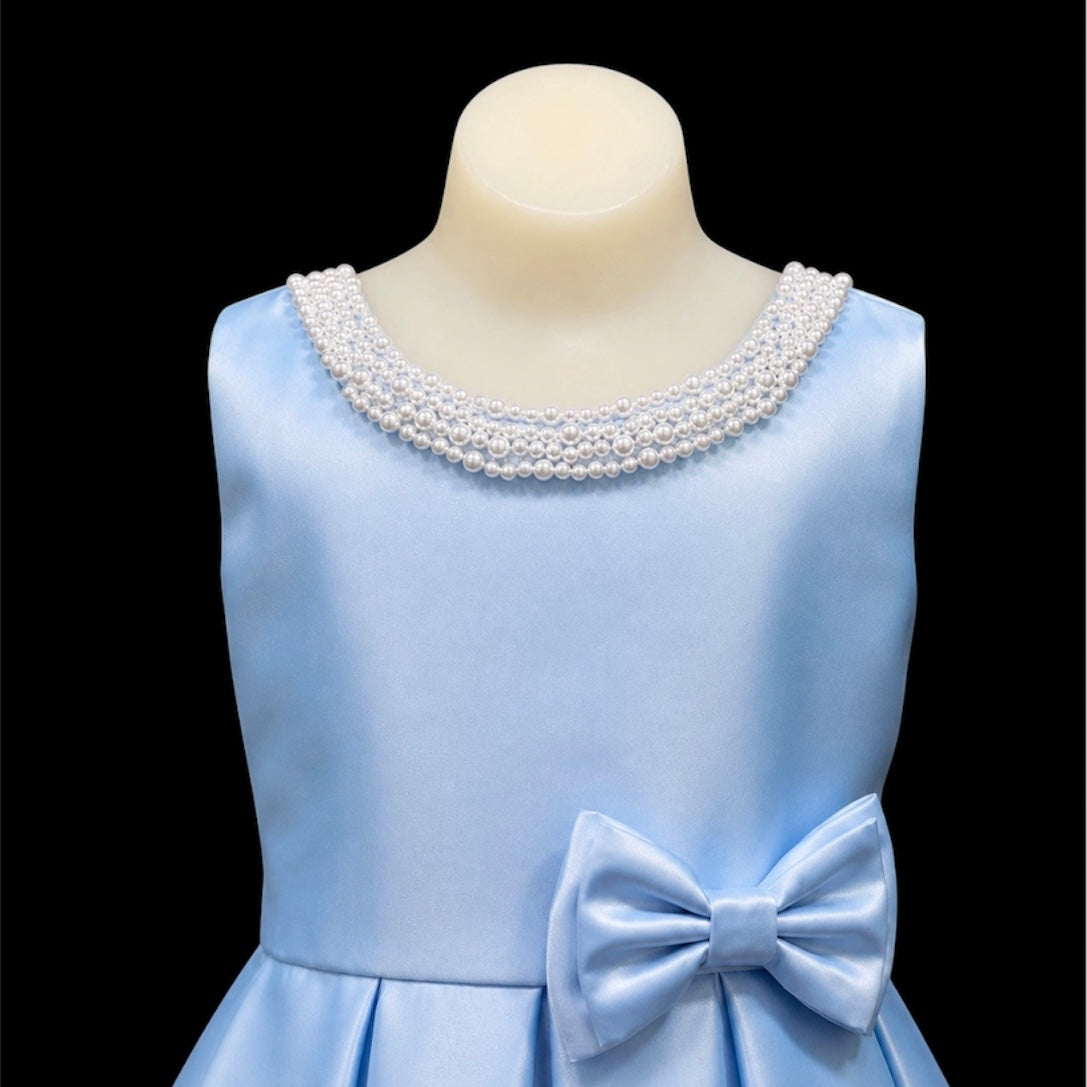 Elegant Light Blue Pearl-Neckline Dress w/ Double Bow Accent
