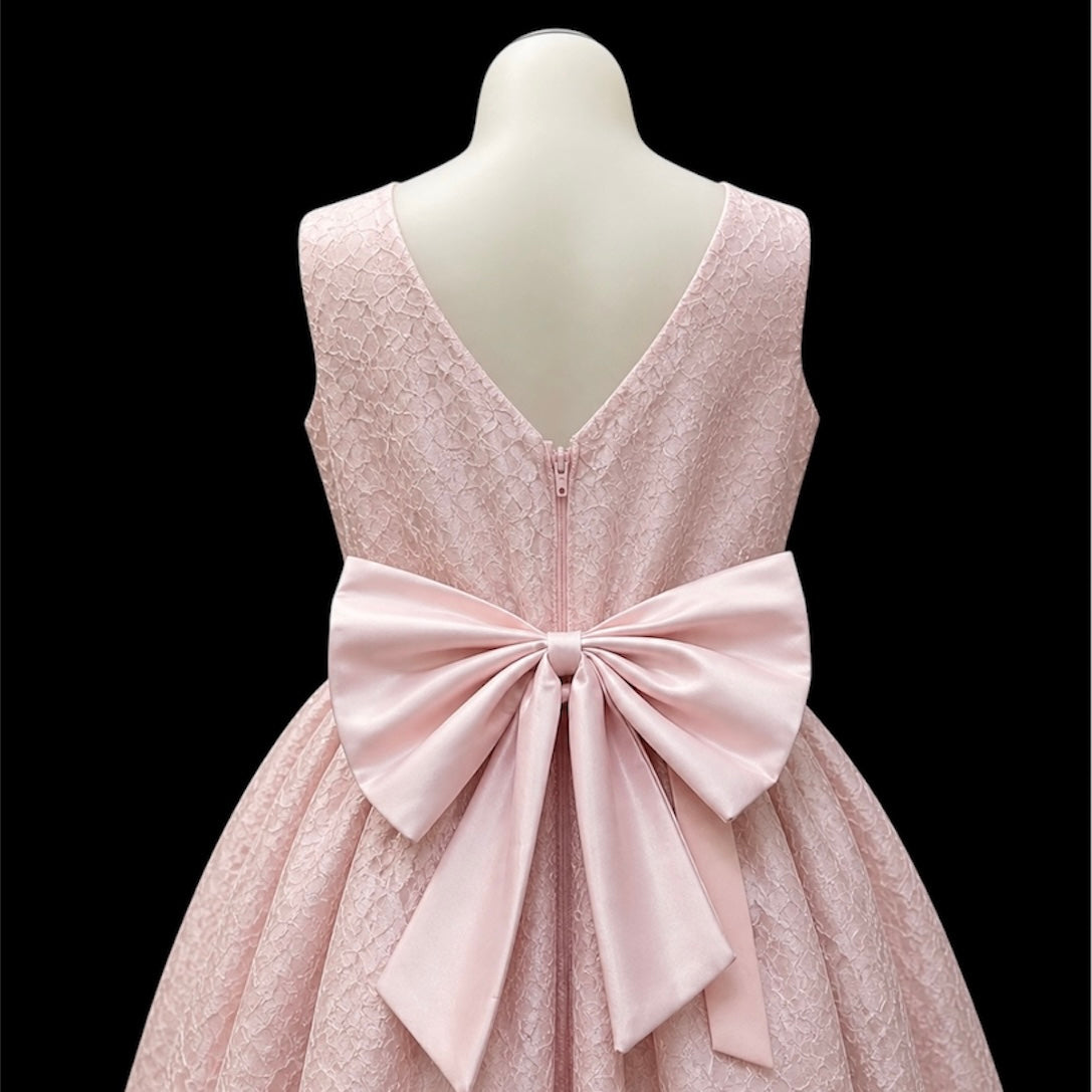 Blush Pink Lace High-Low Dress with Pearl Waist Detail & Oversized Satin Bow Back (Size 10)