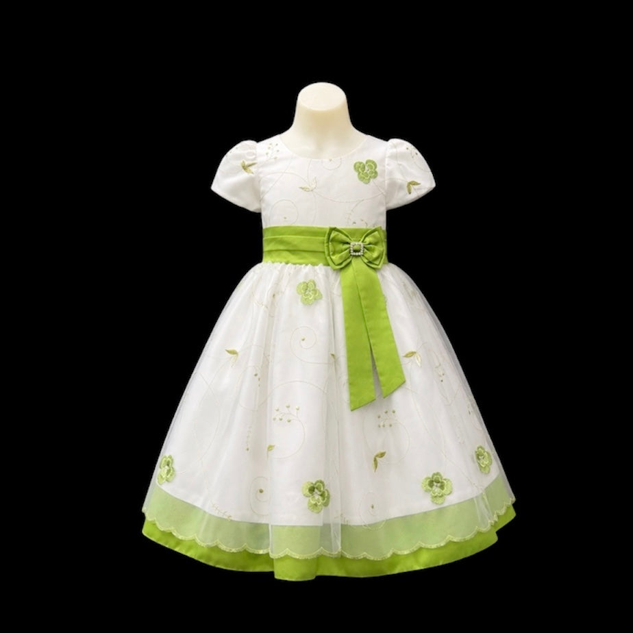 White & Green Floral Embroidered Toddler Dress with Satin Sash & Bow (Size 2/3)