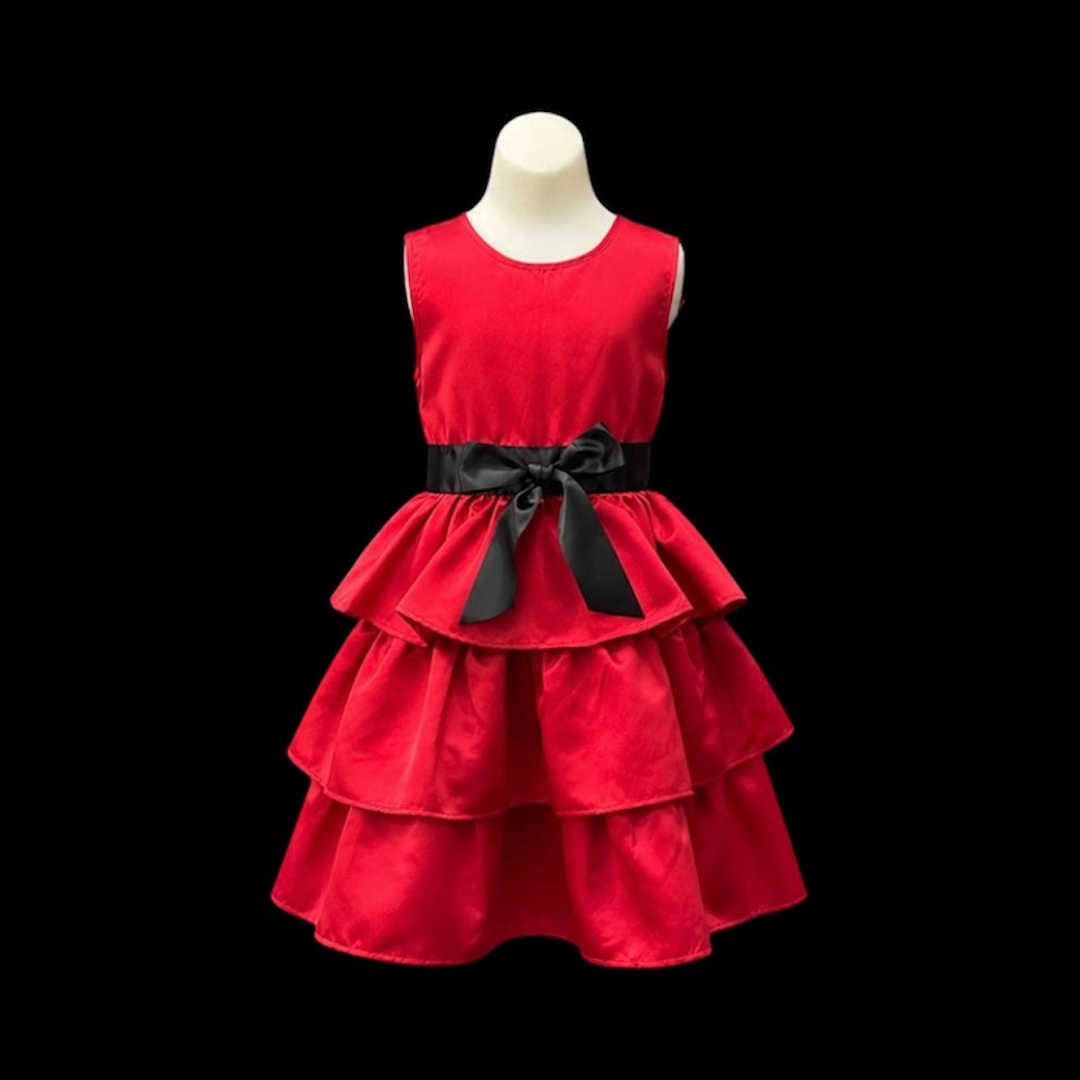 Red Tiered Satin Dress with Black Sash & Bow