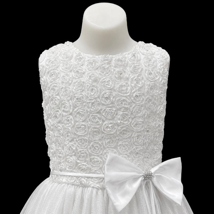 White Glitter Tulle Dress with Floral Ribbon Bodice & Rhinestone Bow Waist