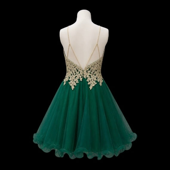 Emerald Green & Gold Halter Jr. Grad Dress with Embroidered Rhinestone Bodice and Tulle Skirt (Small)