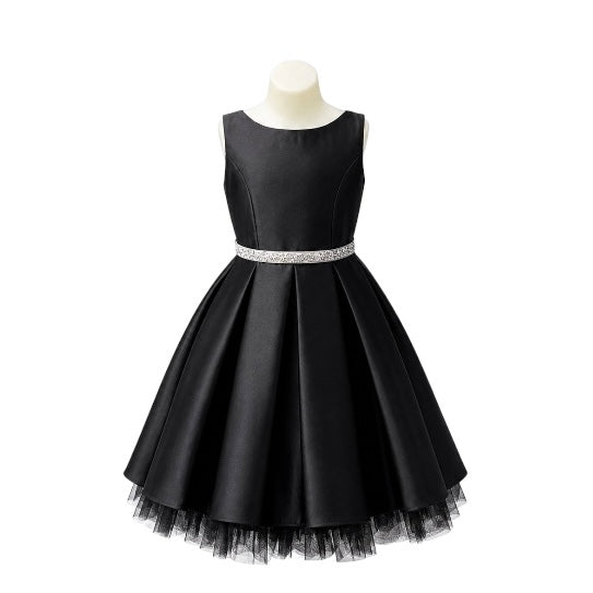 Black Satin Pleated Dress with Peek-a-Boo Crystal Tulle Hem and Rhinestone Waist Trim