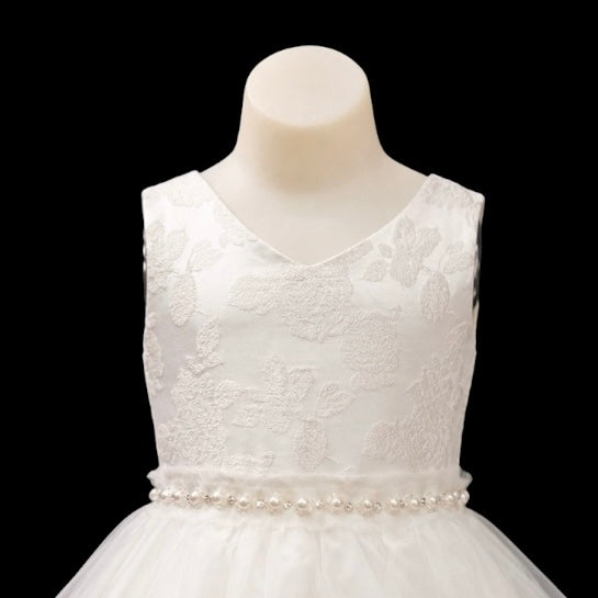 Off-White Tiered Tulle Dress with Floral Embroidered Bodice & Pearl Waist (Size 12)