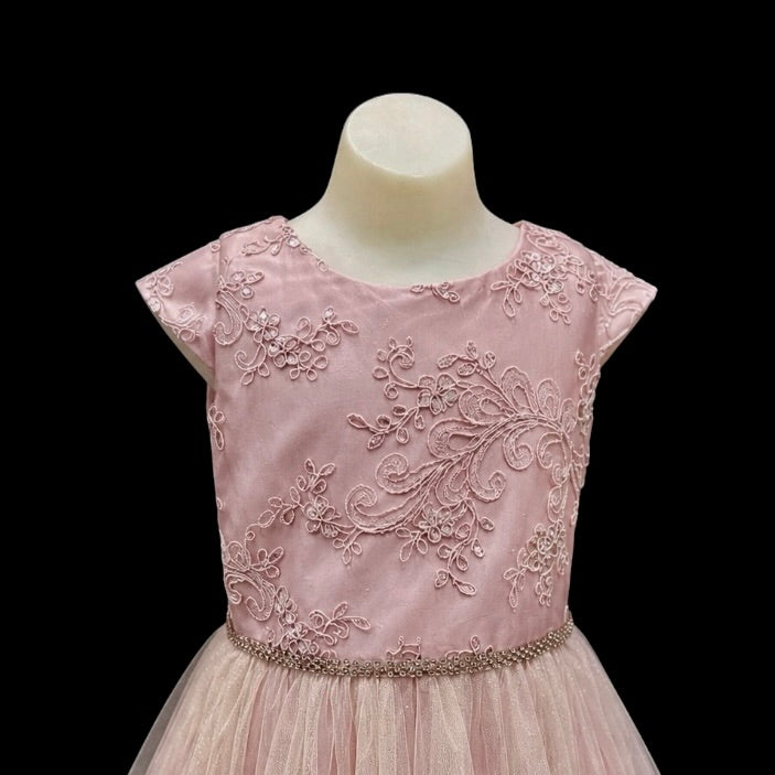 Cap Sleeve Mauve Floral Embroidered Tulle Dress w/ Sparkle Tulle Overlay