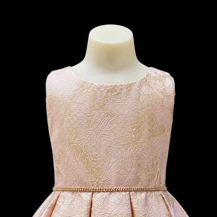 Blush & Gold Floral Jacquard Flower Girl Dress with Peek-a-Boo Crystal Tulle Hem and Rhinestone Waist Trim