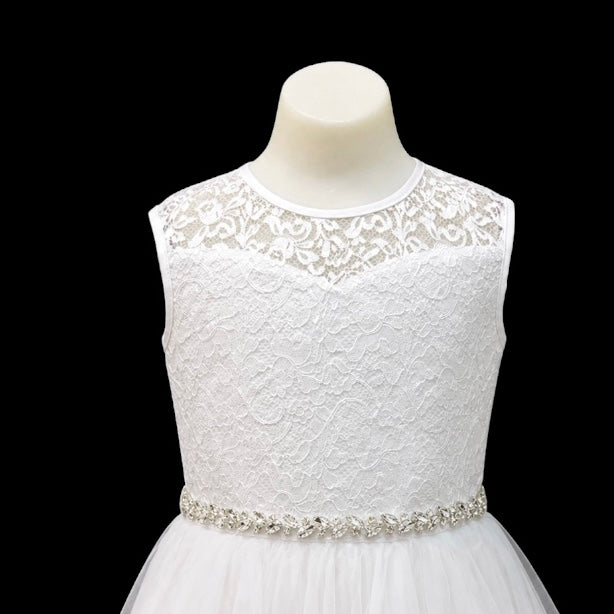 White Floral Lace Cap Sleeve Girls Formal Dress with Layered Tulle Skirt & Rhinestone Waist