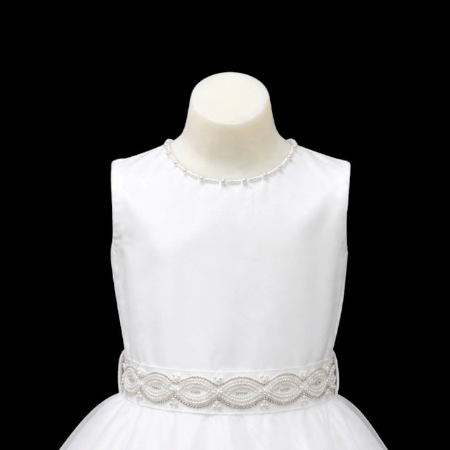 Sleeveless White Pearl Neckline Dress with Layered Organza Skirt