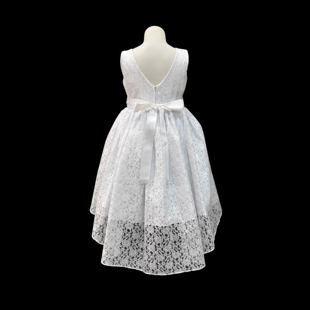 White Lace High-Low Dress with Pearl Waist Detail & Oversized Satin Bow Back