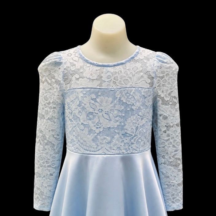 Light Blue Lace Bodice Tea Length Dress with Long Lace Sleeves (Size 10)