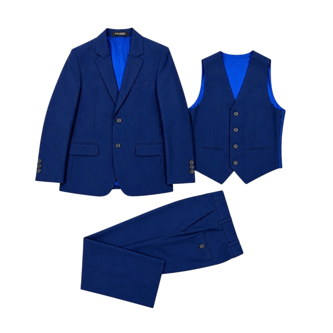 Fouger U.S.A. Boys Indigo Blue Slim Fit 3-Piece Suit
