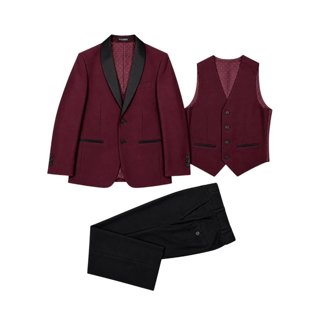 Fouger U.S.A. Burgundy & Black Slim Fit Boys 3-Piece Suit – Satin Lapel Formal Set