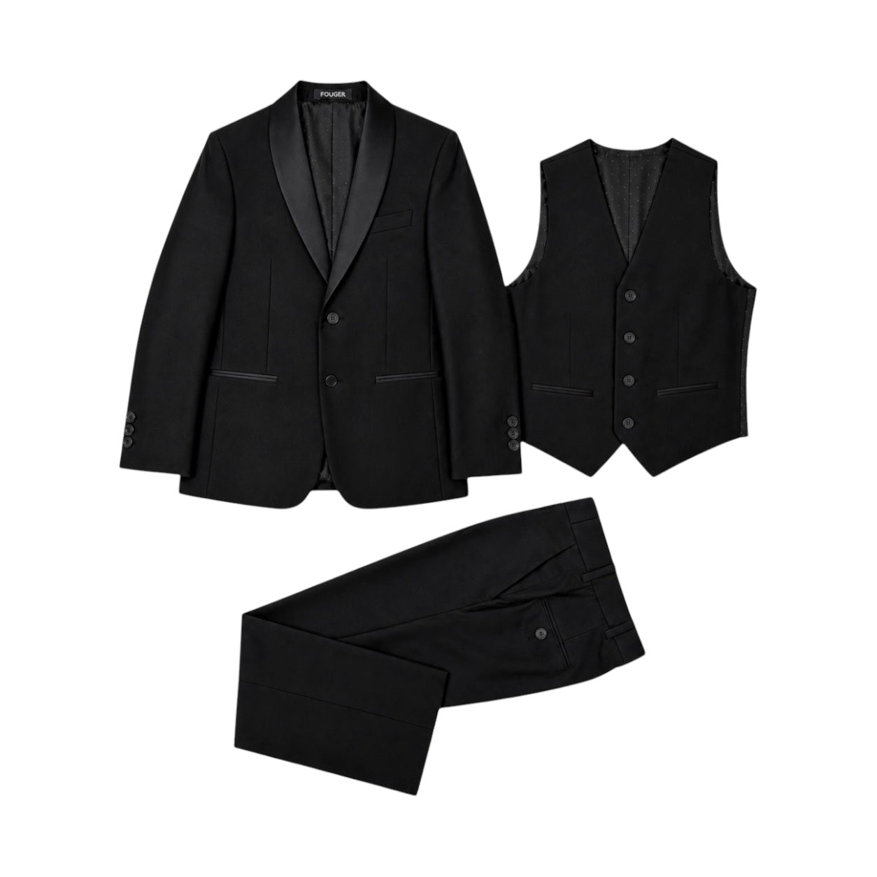 Fouger U.S.A. Black Slim Fit Boys 3-Piece Suit – Satin Lapel Formal Set