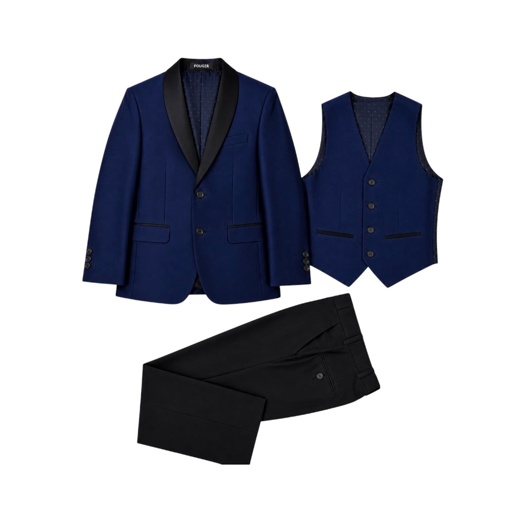 Fouger U.S.A. Indigo & Black Slim Fit Boys 3-Piece Suit – Satin Lapel Formal Set