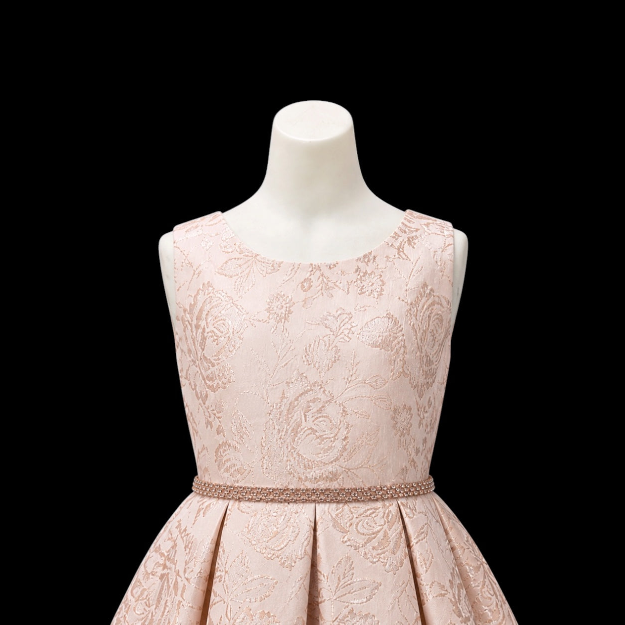 Blush Metallic Floral Jacquard Dress with Crystal Tulle Hem and Rhinestone Waist Trim
