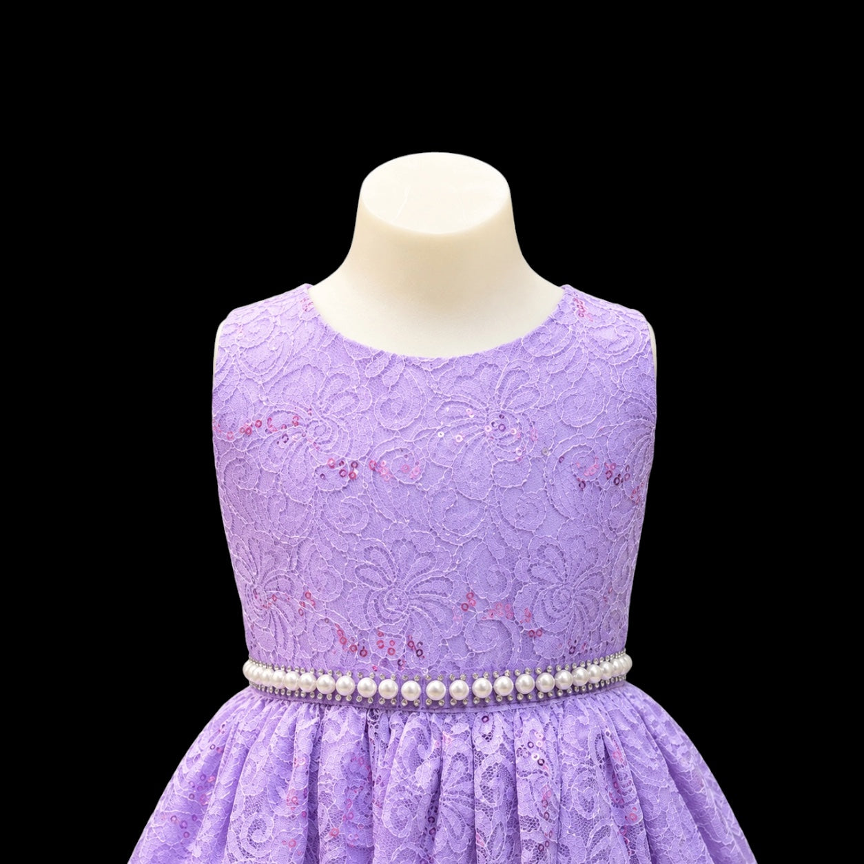 Girls Lavender Glitter Lace Tea Length Dress w/ Pearl Rhinestone Belt