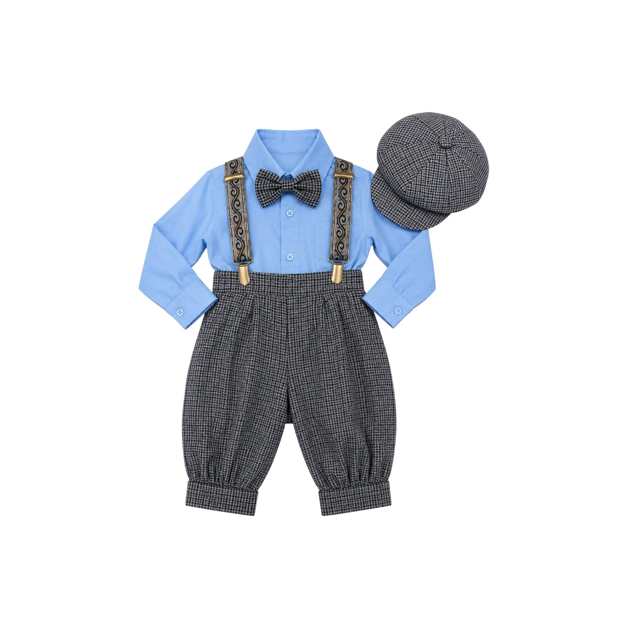 Rafael Collection 5-Piece Sky Blue & Grey Plaid Suspender Outfit Set with Newsboy Hat