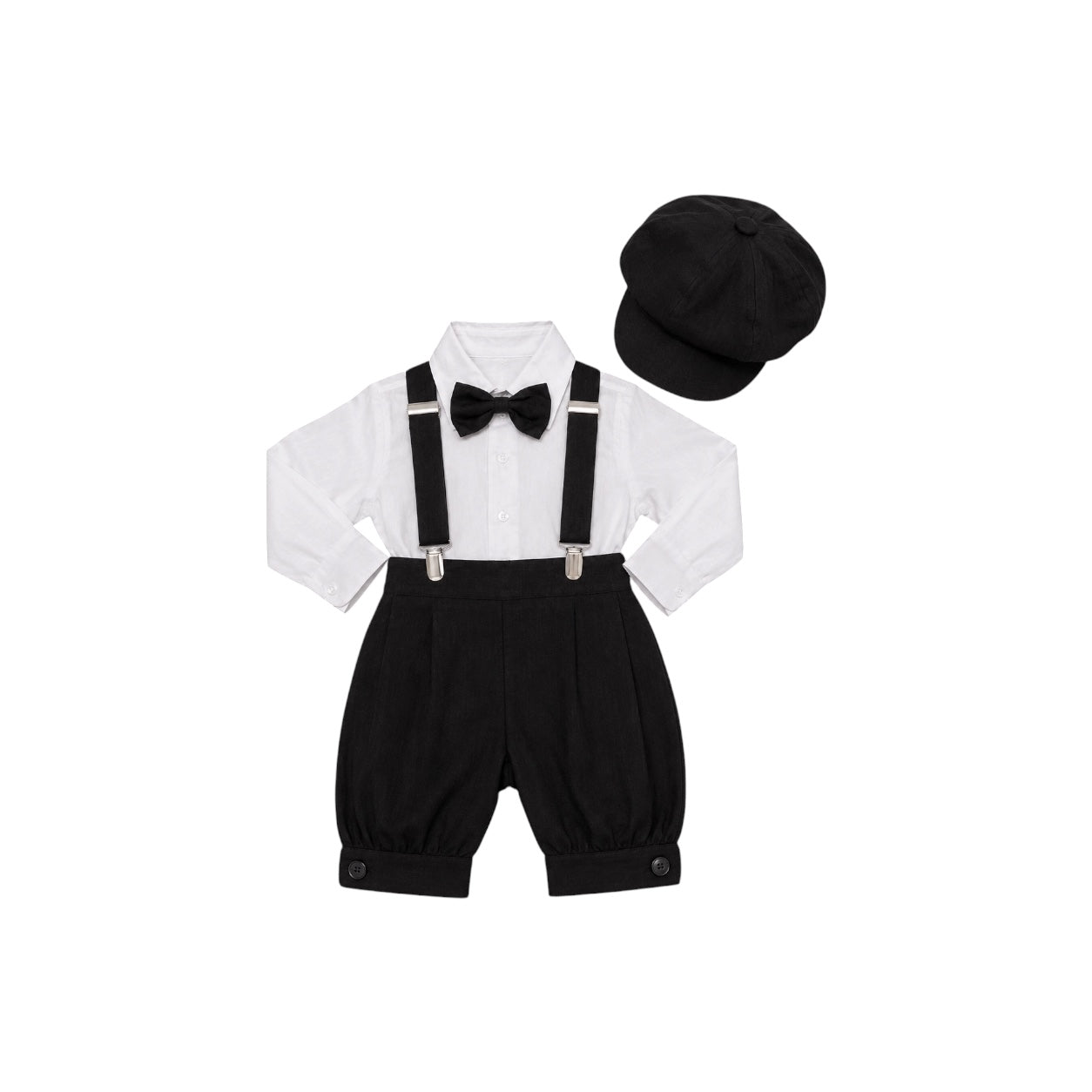Mavezzano 5-Piece Black Linen Suspender Outfit Set with Newsboy Hat