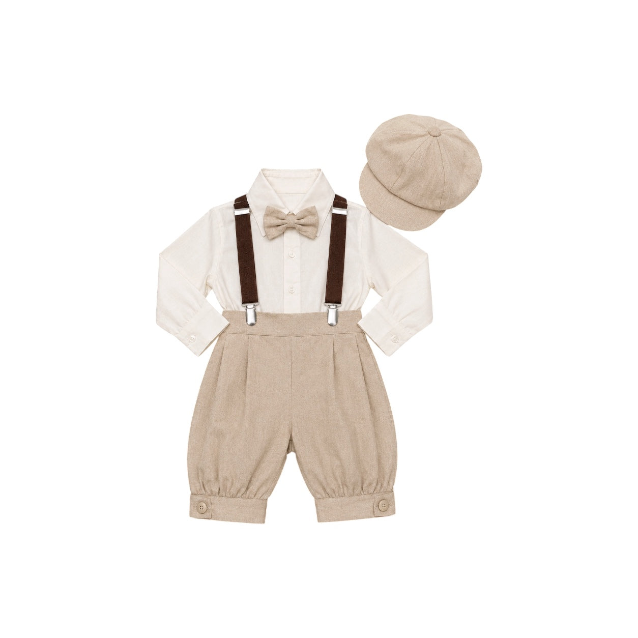 Mavezzano 5-Piece Tan Linen Suspender Outfit Set with Newsboy Hat