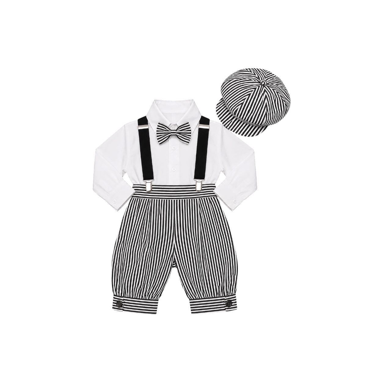 Mavezzano 5-Piece Black Stripe Suspender Set with Newsboy Hat (6 Months)