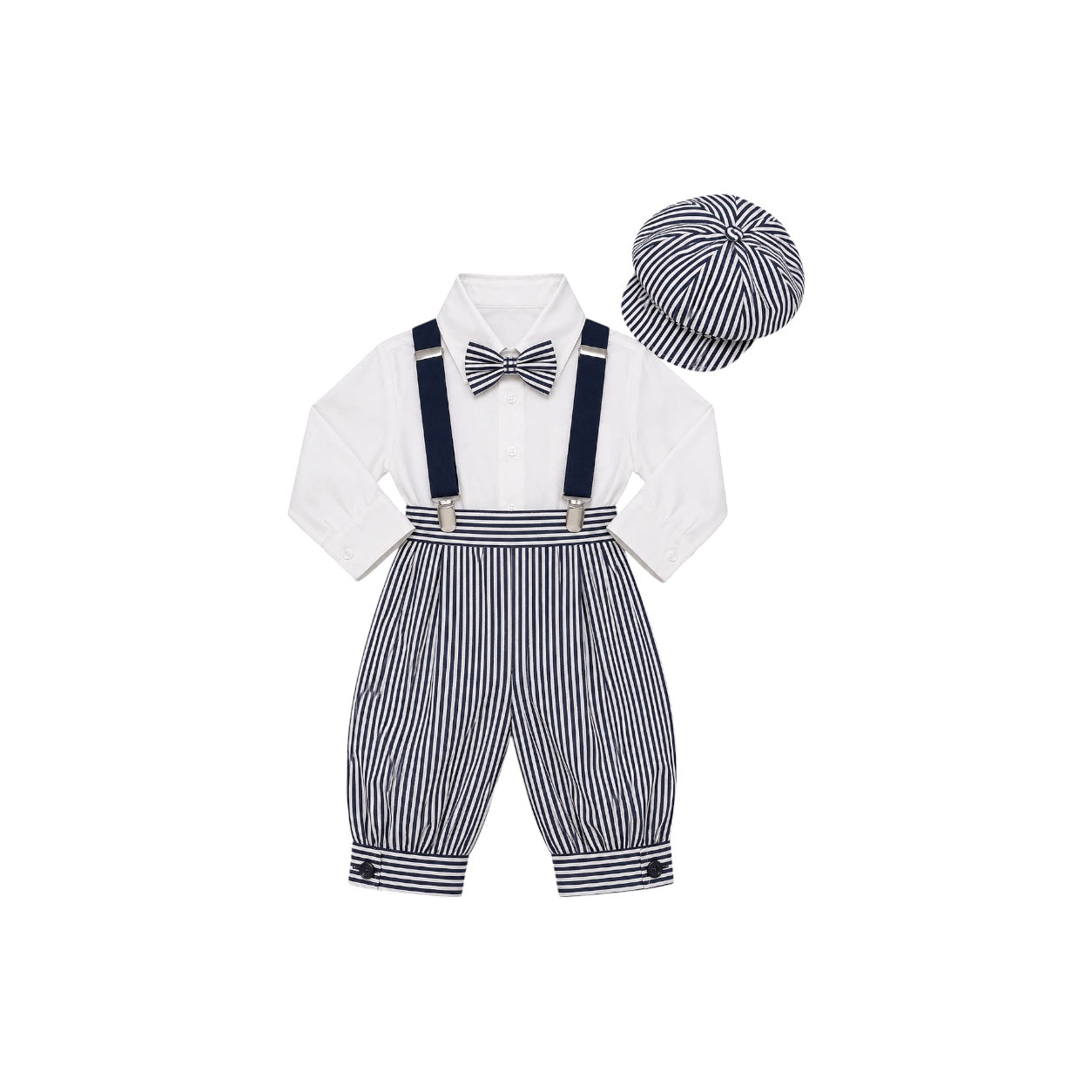 Mavezzano 5-Piece Navy Stripe Suspender Set with Newsboy Hat