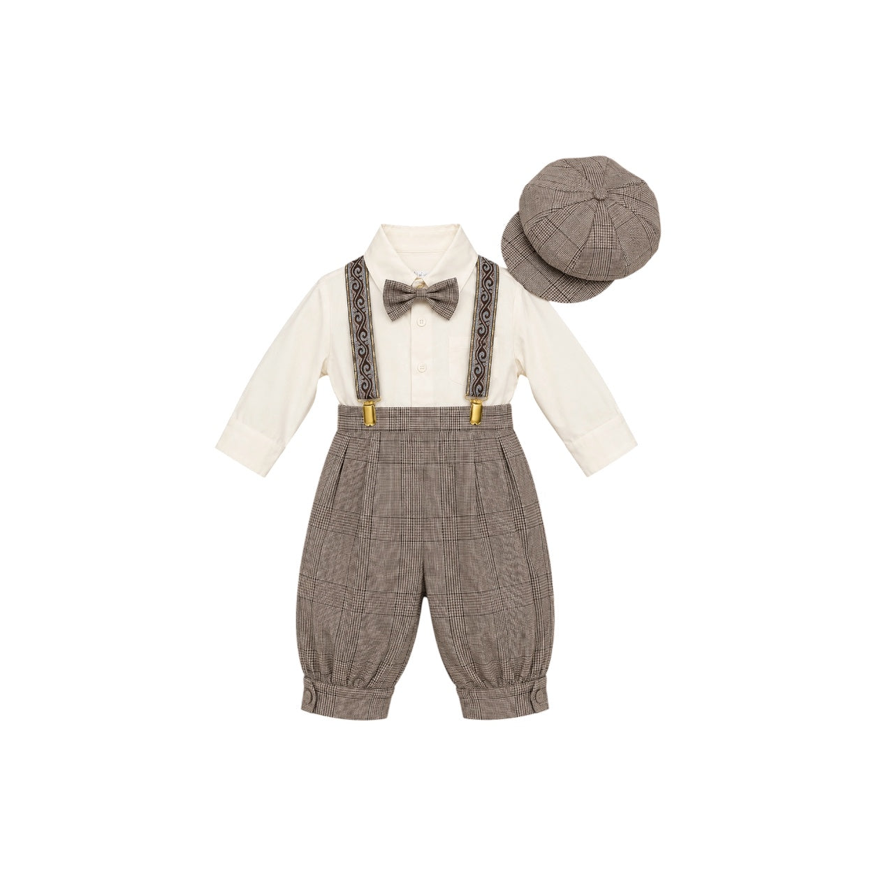 Rafael Collection 5-Piece Ivory & Taupe Plaid Suspender Outfit Set with Newsboy Hat (Size 2T)