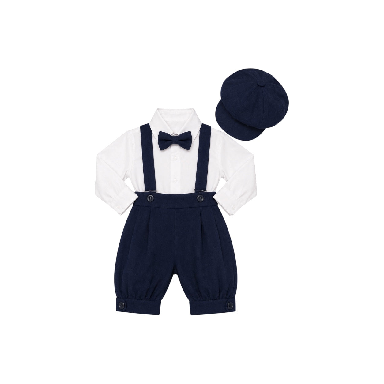 Mavezzano 5-Piece Navy Linen Suspender Outfit Set with Newsboy Hat