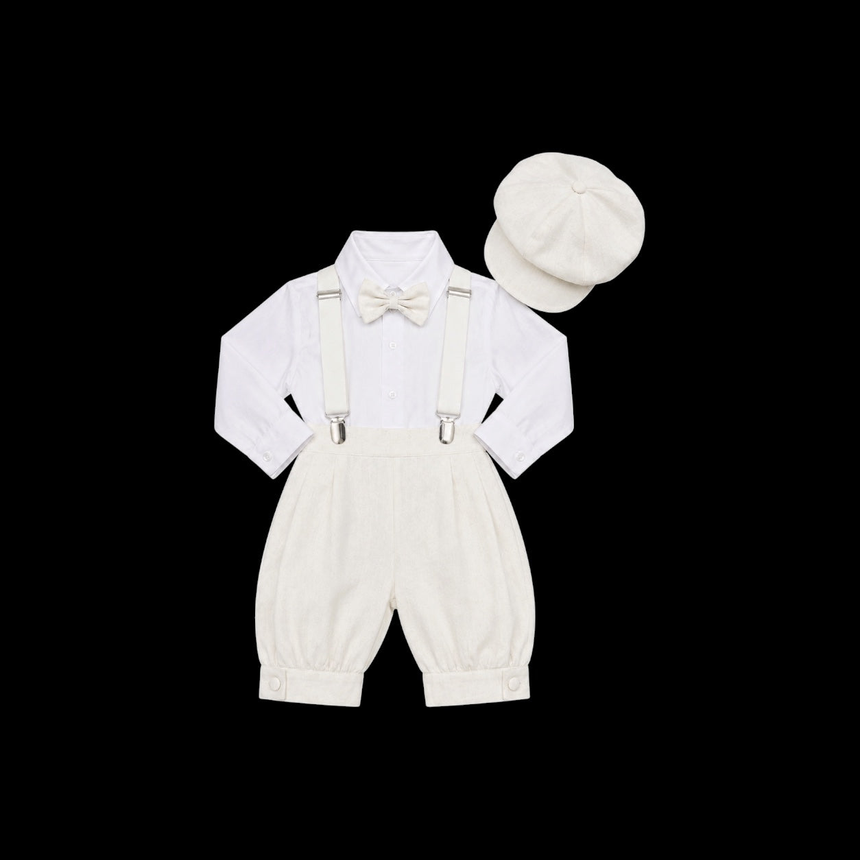 Mavezzano 5-Piece Ivory Linen Suspender Outfit Set with Newsboy Hat