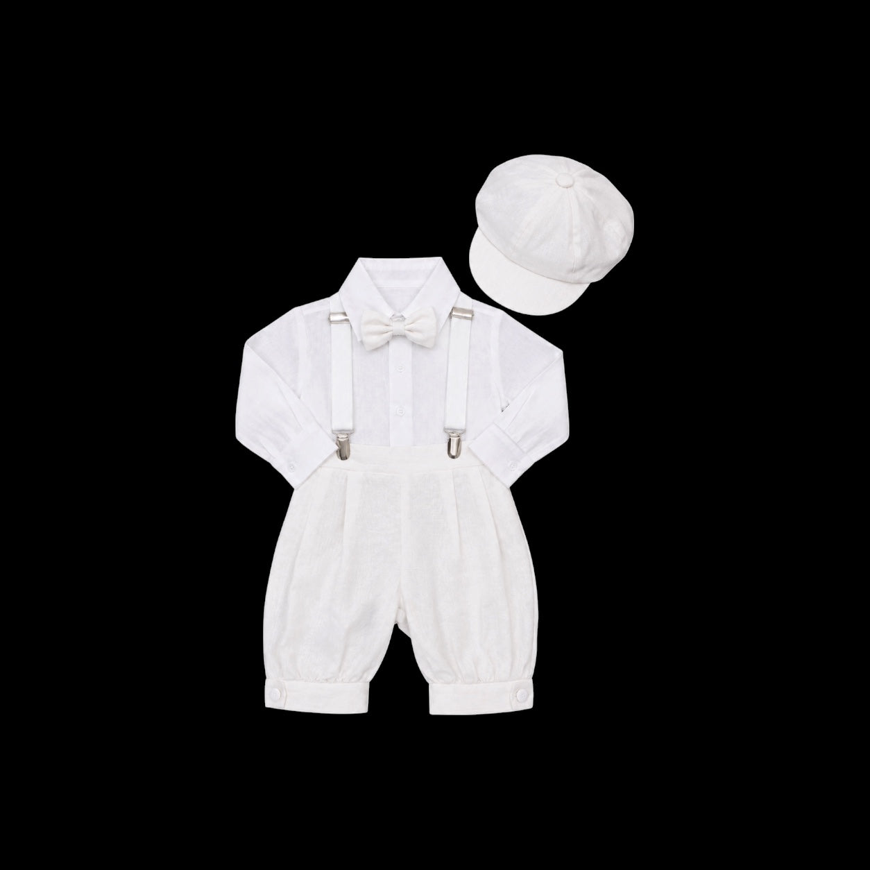 Mavezzano 5-Piece White Linen Suspender Outfit Set with Newsboy Hat