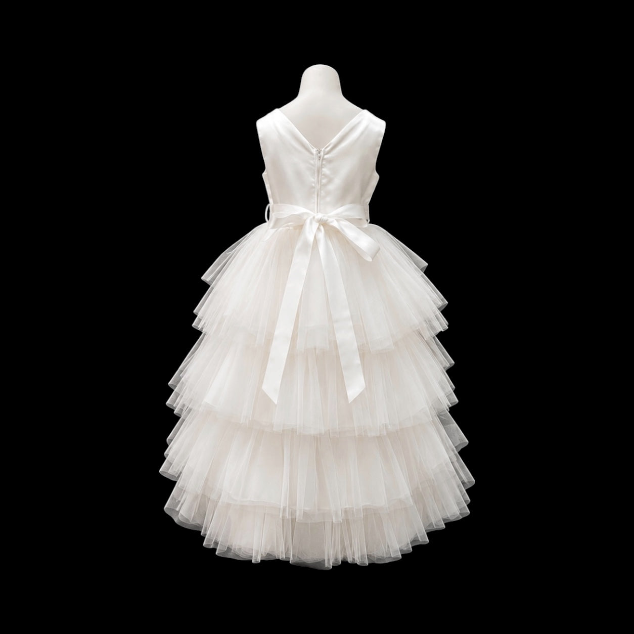Joy Kids U.S.A. Ivory Tiered Tulle High-Low Dress with Pearl & Rhinestone Sash (Size 16)