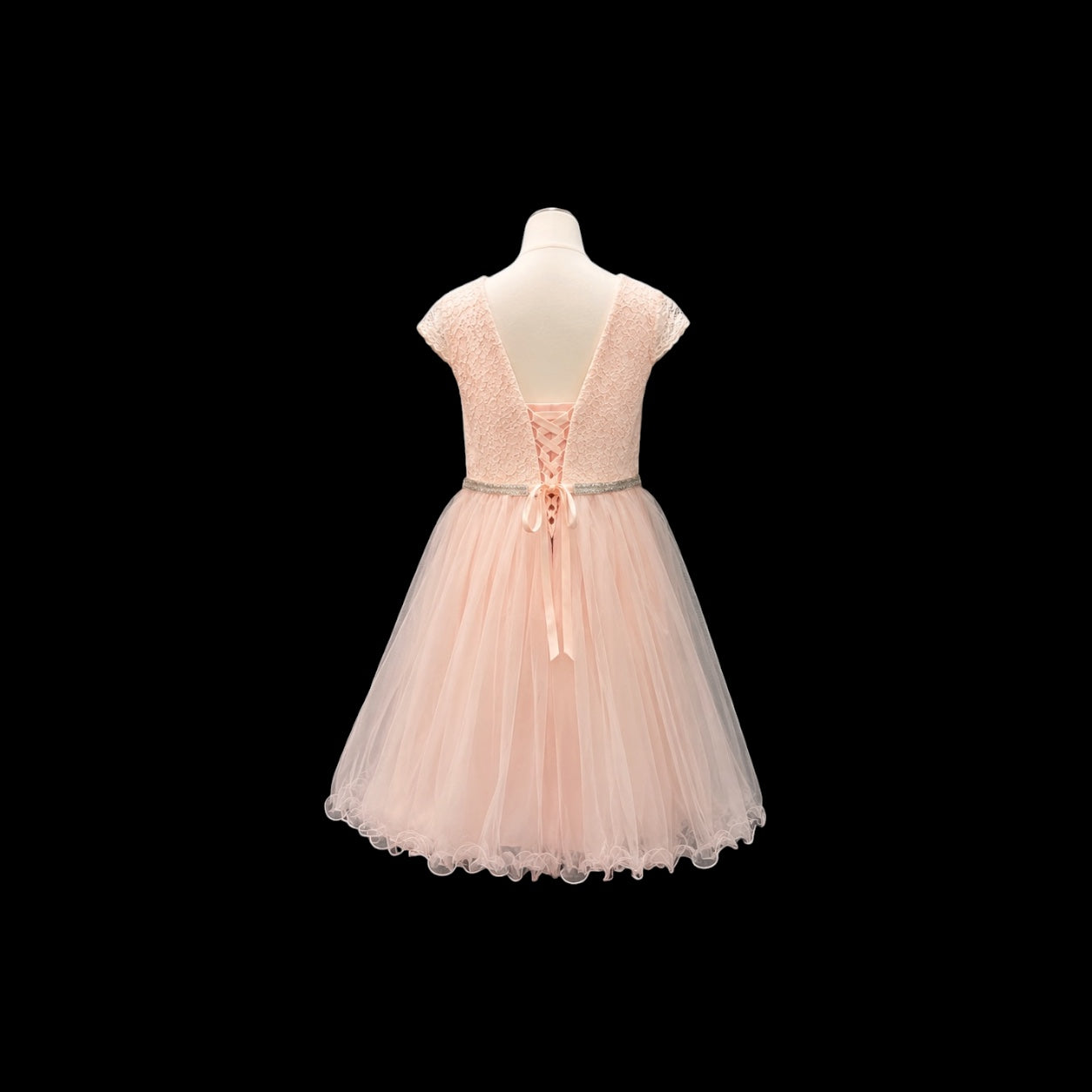 Jr. Grad Lace Dress with Rhinestone Waist and Layered Tulle Skirt