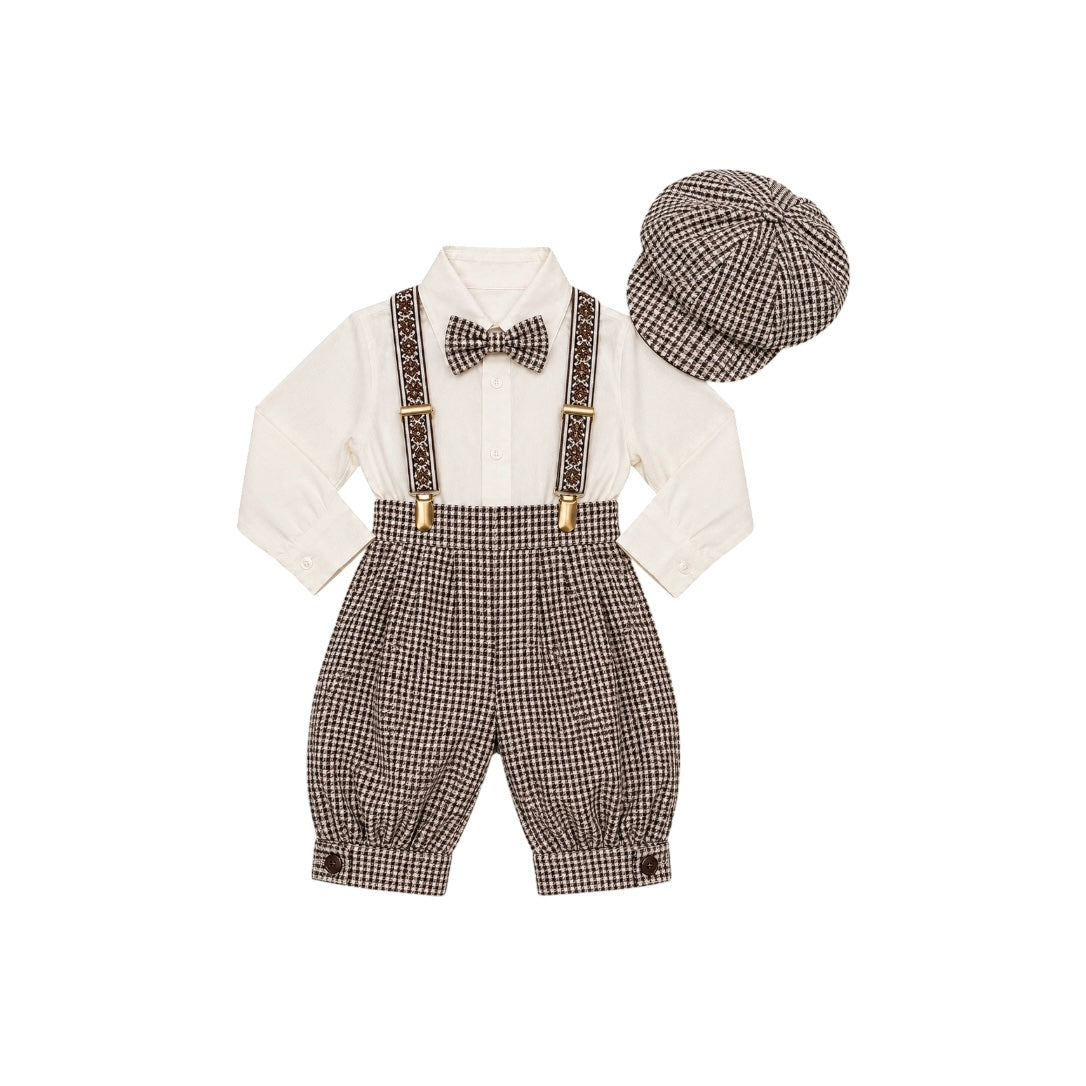 Rafael Collection 5-Piece Ivory & Taupe Plaid Suspender Outfit Set with Newsboy Hat (Size 2T)
