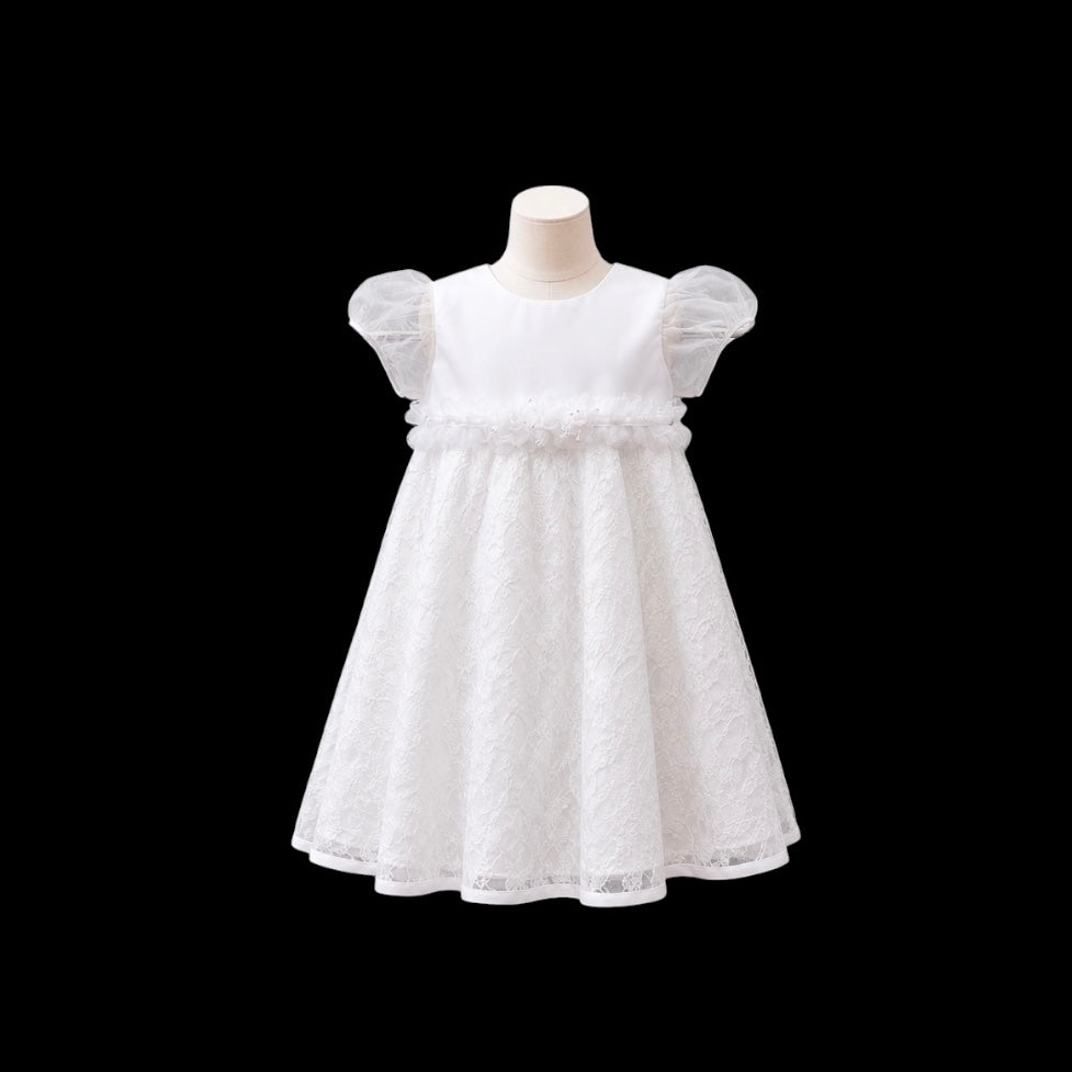 White Lace Baby Girl Christening Gown with Three-Rosette Sash & Matching Bonnet