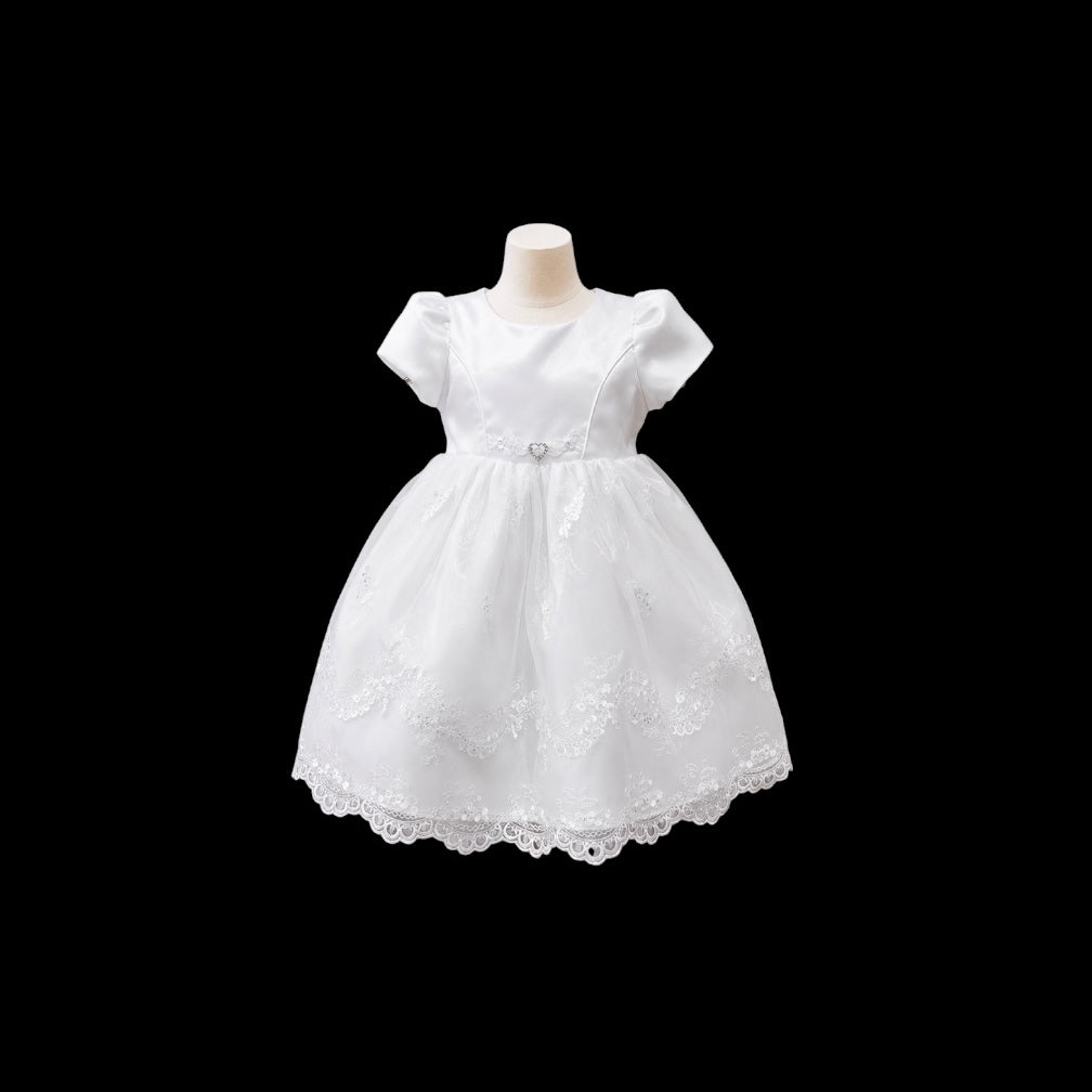 Cap Sleeve Baby Girl White Dress with Rhinestone Heart, Lace Trim Sash & Bonnet (18–24 Months)