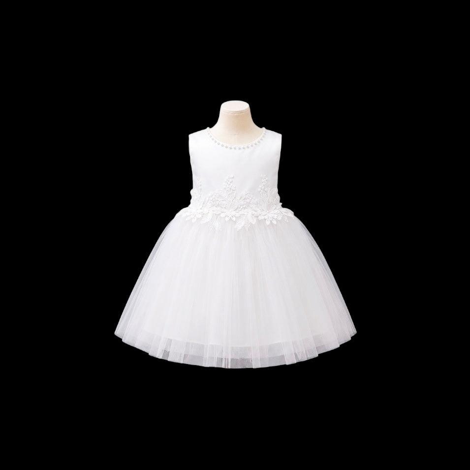 Fancy Kids Pearl Neckline Baby Girl Dress with Floral Embroidery & Tulle Skirt