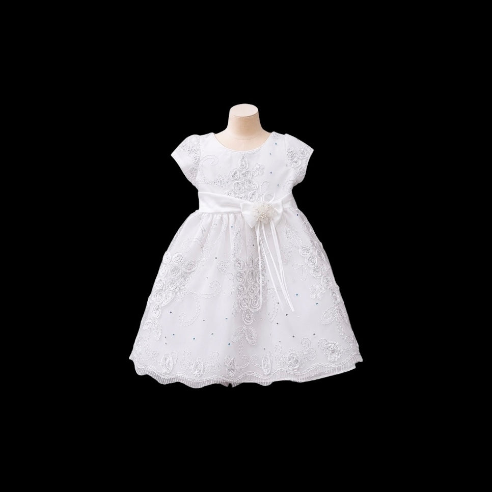 Cap Sleeve Baby Girl White Embroidered Dress with Coloured Rhinestones & Rosette Sash