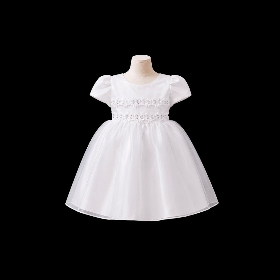 3-Piece Baby Girl White Butterfly Dress with Embroidered Tulle Overlay, Bonnet & Cape