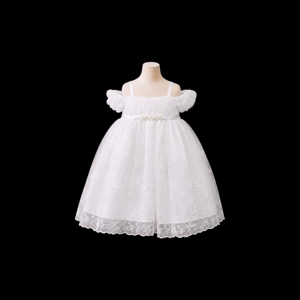 White Off-Shoulder Baby Girl Baptism Gown with Floral Embroidery, Bonnet & Cape Set
