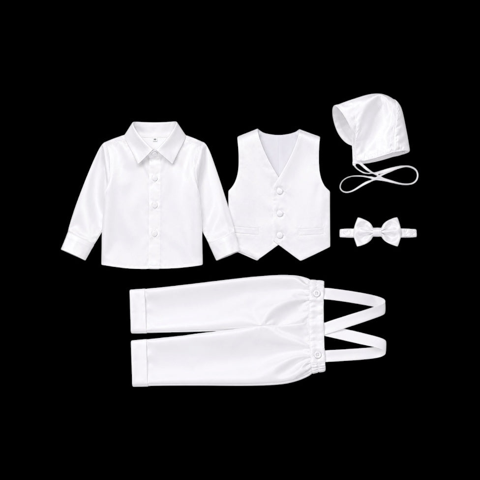 Fancy Kids 5-Piece White Christening Suit with a Matte Gloss Finish