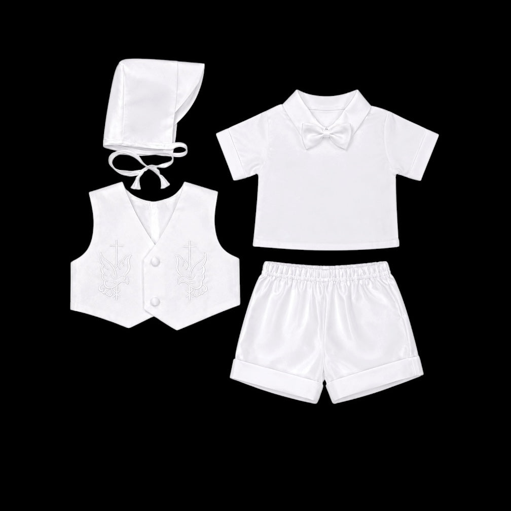 Kaifer Dove & Cross Embroidered 4-Piece Baptism Shorts Set with Matching Bonnet