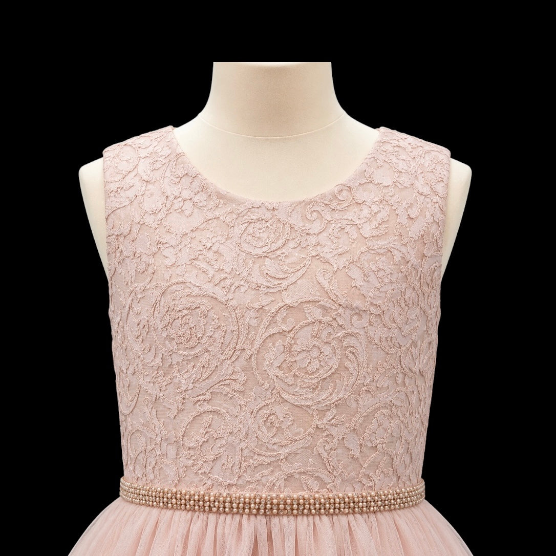 Blush Metallic Jacquard High-Low Tea Length Dress with Crystal Tulle Skirt