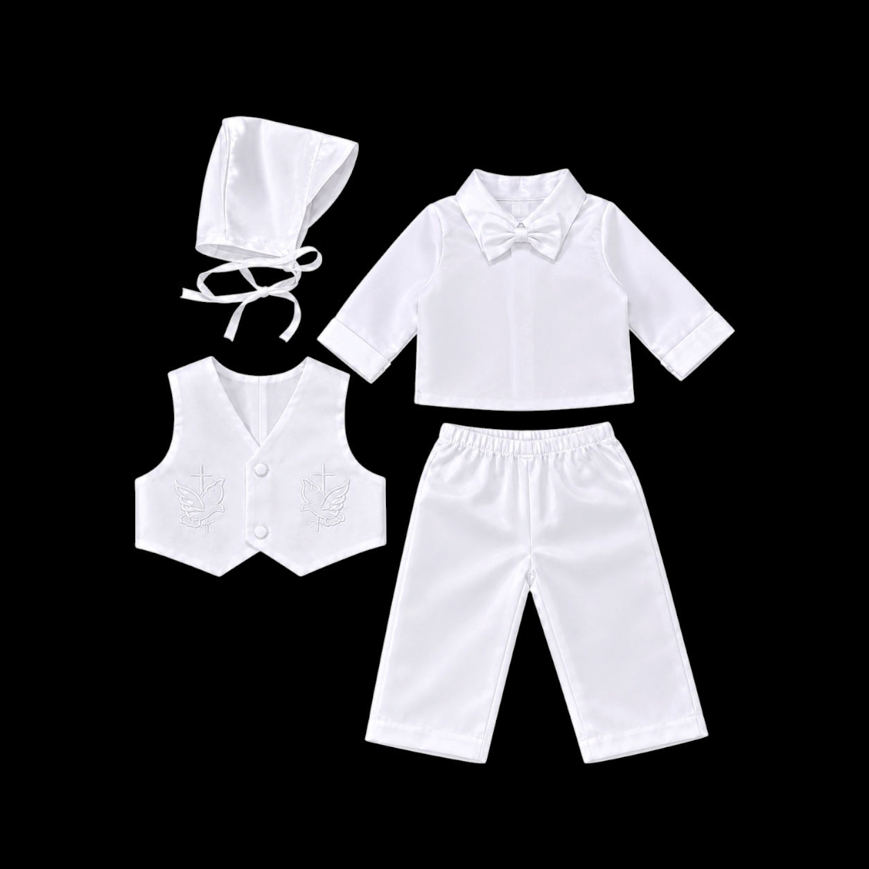 Baby Mode Dove & Cross Embroidered 4-Piece Baptism Set with Matching Bonnet