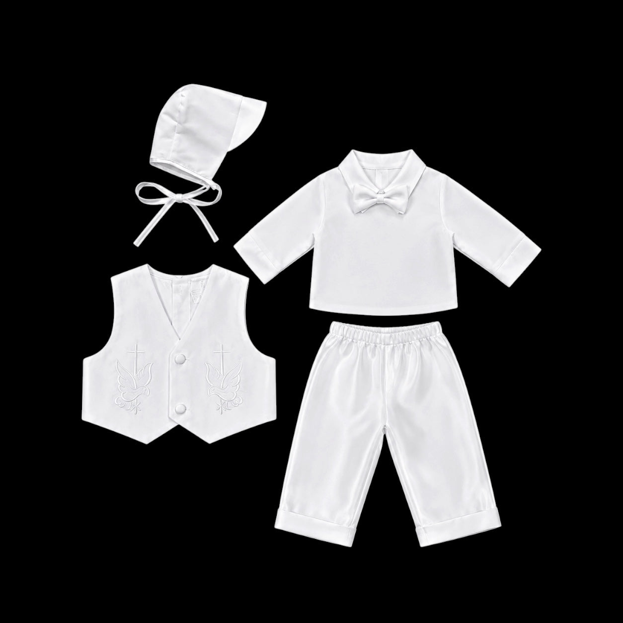 Kaifer Dove & Cross Embroidered 4-Piece Baptism Set with Matching Bonnet