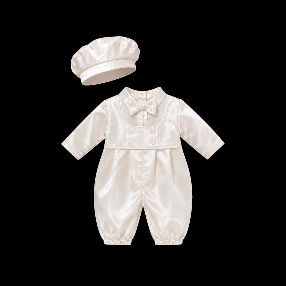 Caroline Baptême Shiny Ivory Baby Baptism Romper & Matching Hat Set